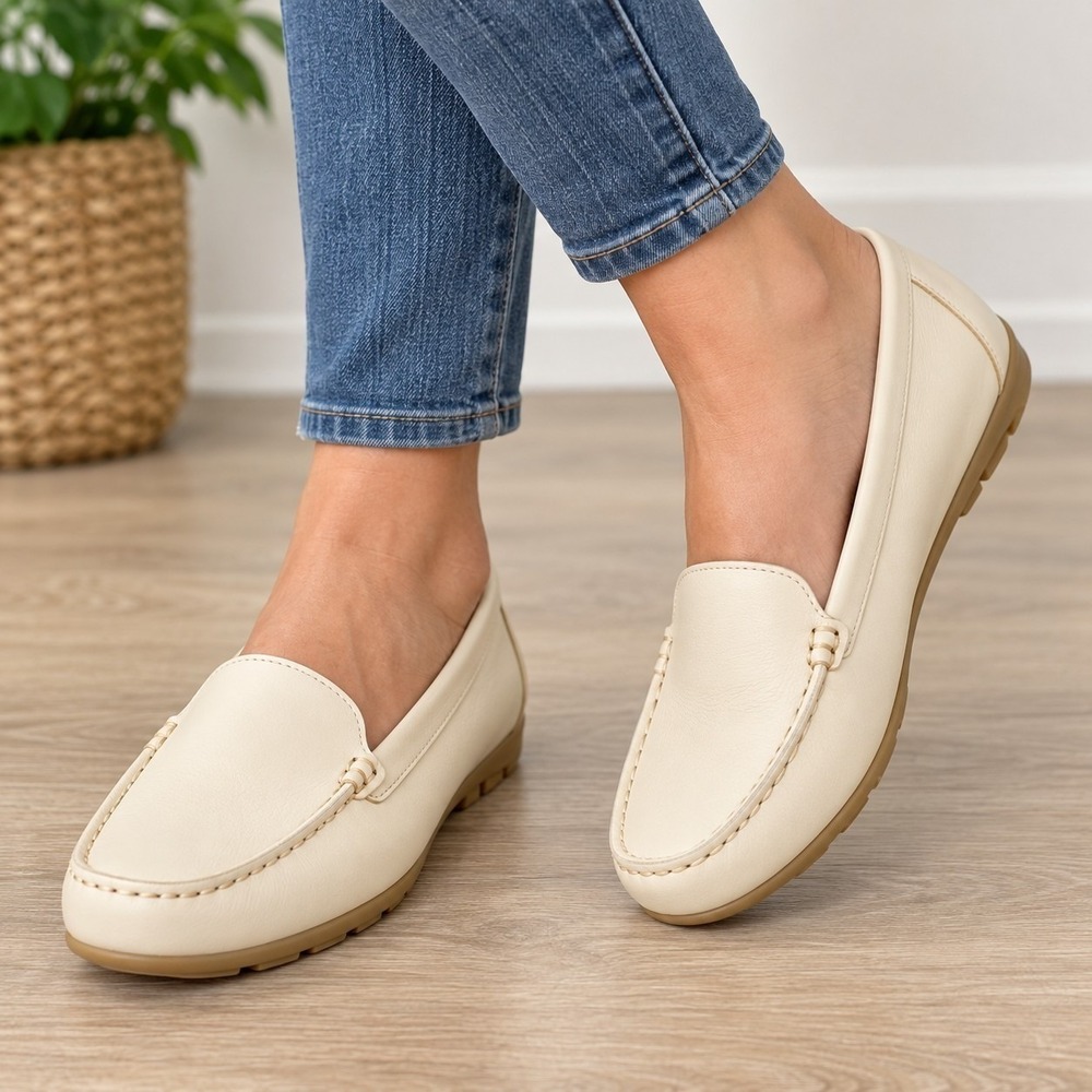 Aerosoles Coby Eggnog Leather Driving Loafers Womens 7W Cream Slip On Flats
